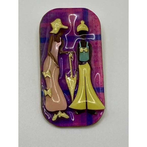 Handmade Lucinda Woman Pins Brooch With Two Women & Umbrella Design Multi-Color - Picture 4 of 7